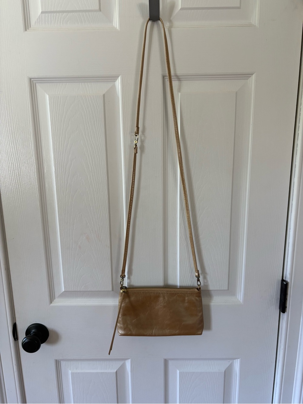 HOBO Tan Leather Small Crossbody Bag with Zip Top & Paisley Lining